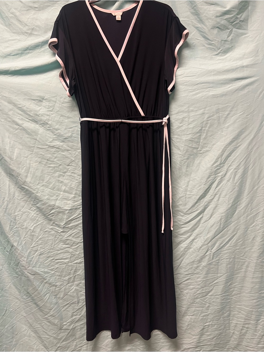 Women L navy blue Maxi faux Wrap Dress white Trim Tie Belt midi skirt under